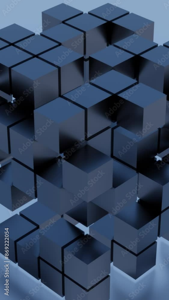 Poster grey background. motion. a light cube-toy that needs to be assembled understands animation on its ow