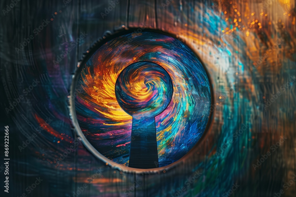 Poster a close up of a keyhole through which a vibrant, imaginative world inside a person s mind is visible