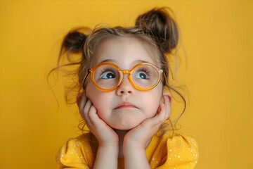 Curious Little Girl with Glasses on Yellow Background