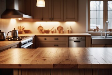 blurred Modern kitchen interior with table and stylish wooden accents