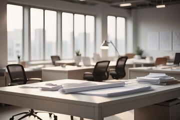 Fototapeta premium Empty office interior with desk, table, chairs, and laptop