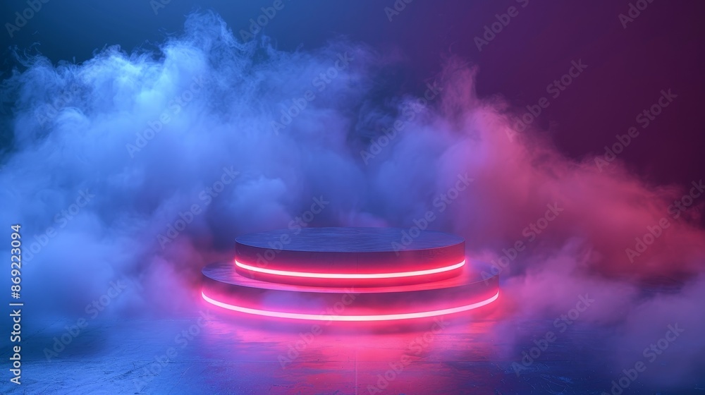 Poster Cyberpunk digital platform with techno holograms on a dark red background with smoke clouds. A futuristic sci-fi game portal with blue neon glow and beams.