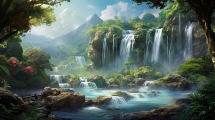 A beautiful landscape of a waterfall in a tropical rainforest. The waterfall is surrounded by lush green vegetation and the water is crystal clear.