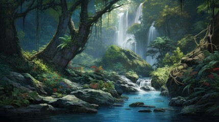 lush green foliage and cascading waterfalls create a serene and enchanting atmosphere in this beautiful landscape.