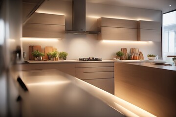 blurred Modern kitchen interior with table and stylish wooden accents