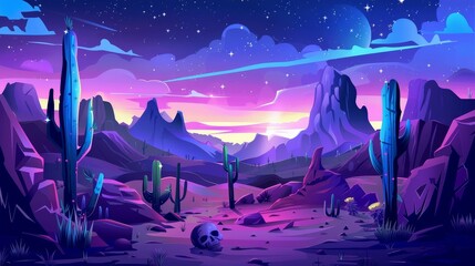 Sandy desert background with a moon and stars glowing in the midnight sky, dark wild west landscape, old buffalo skull and cactus with flower, in the dark wild west landscape with a drought land, old