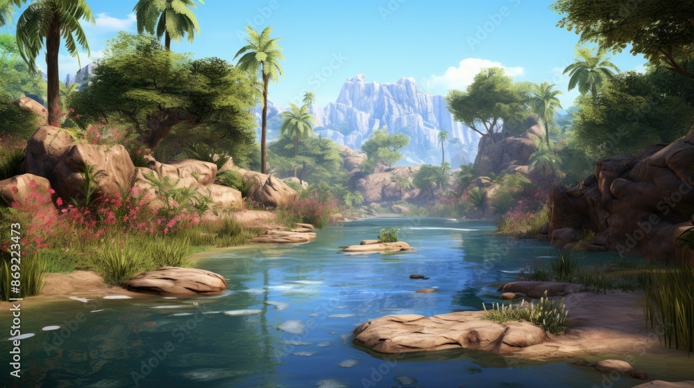 Poster lush oasis in the middle of the desert with a crystal clear river running through it and palm trees