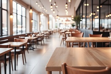 Cozy restaurant interior with elegant wooden furniture and ambient lighting