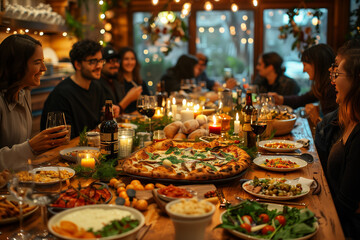 A group of friends share a big pizza on beautifully decorated table with a variety of dishes, including salads, and wine. The warm lighting and joyful atmosphere make for a perfect celebration