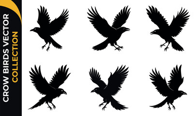 Flying Crow bird silhouette vector illustration perfect for logo design, art projects, and graphic design. Crow Birds Collection