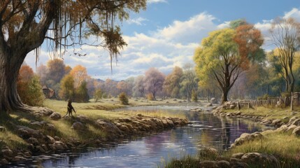 Obraz premium A beautiful landscape with a river running through it. There are trees and bushes on the banks of the river, and a small village in the distance.