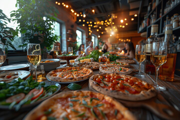 A vibrant and festive pizza dinner table featuring a variety of pizzas, fresh salads, and wine glasses. The warm and inviting atmosphere is enhanced by candles and decorative greenery.