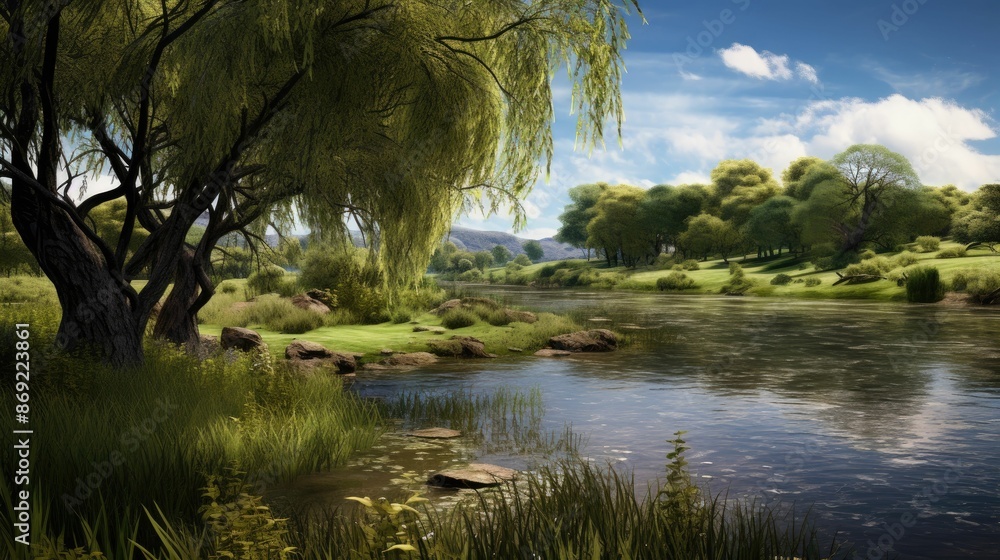 Poster the image is of a beautiful landscape with a river running through it. the river is surrounded by lu