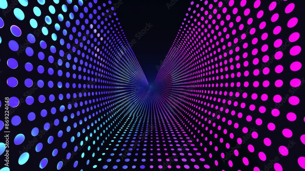 Poster three-dimensional light tunnel with dots in motion. abstract disco party design. bright network tech