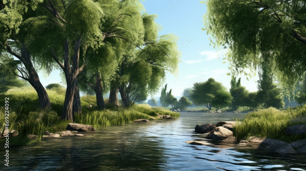 Poster the image is of a beautiful landscape with a river running through it. the river is surrounded by lu