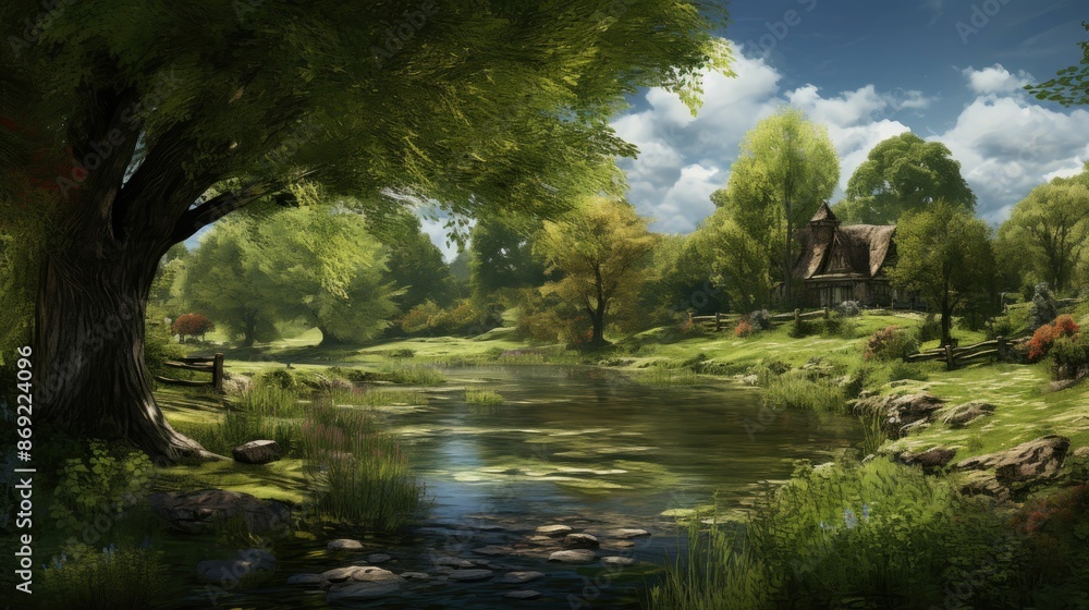 Poster a beautiful landscape with a river running through it. there is a small cottage on the right side of