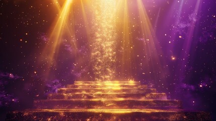 Stage with gold light shows, abstract spotlight podium, purple concert studio with golden glitter platform, shiny bright nightclub event 3d stairs pedestal backdrop. Sparkle flare scene.
