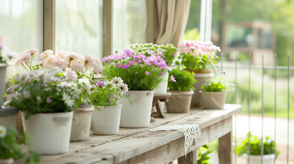 Fototapeta premium A charming chic greenhouse with vintage-inspired potted flowers on a rustic wooden table, creating a vibrant and inviting atmosphere.