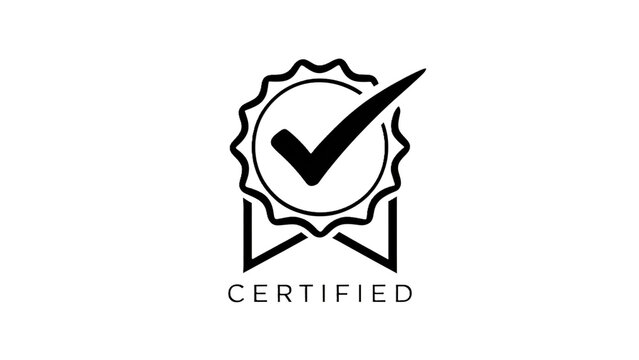 A stylized, transparentribbon-like emblem with a tick mark in the center. The word 'CERTIFIED' is written below the emblem