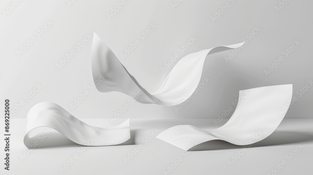 Poster modern illustration of floating in air with wind blowing empty pages of wave, spiral, round and circ