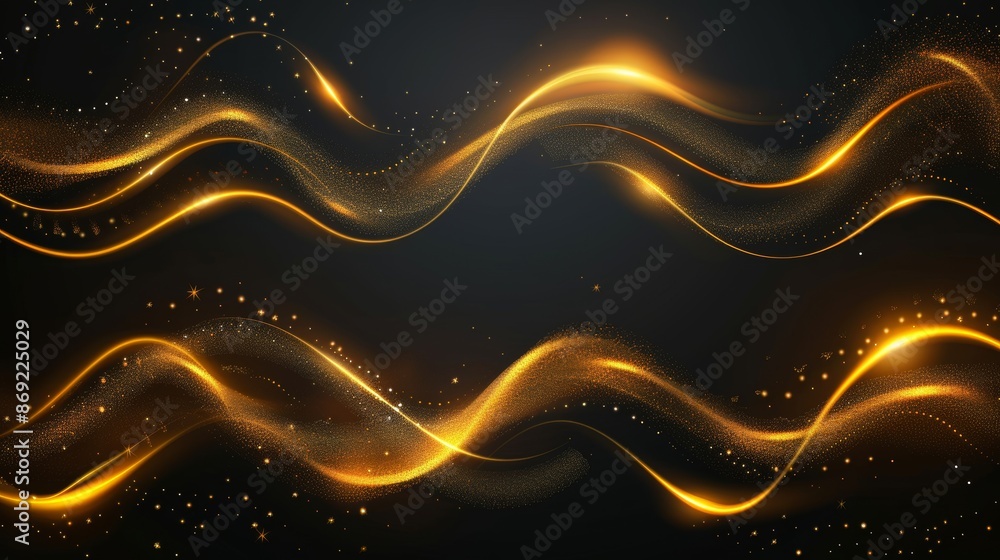 Poster golden particle glow effect on black background. abstract swirl line with shimmer and sparkle motion