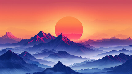 sunrise or sunset in the misty purple mountains, digital illustration