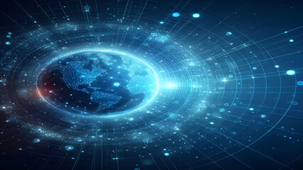 Obraz premium Blue abstract background with network grid and particles