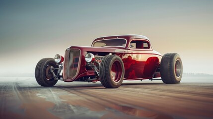A classic red hot rod with wide tires and a lowered suspension, parked on a dusty road.