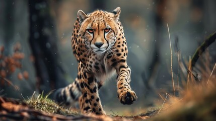 Obraz premium A cheetah with a focused gaze strides forward through a woodland setting, its spotted coat blending with the dappled light.