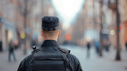 Obraz premium A police officer seen from the back, standing in the middle of a city street, conveying a tense moment of decision.