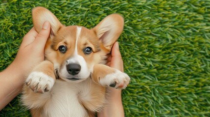 A cute puppy with black and white fur is sitting on a green grassy field. A hand is petting the puppy on the neck.