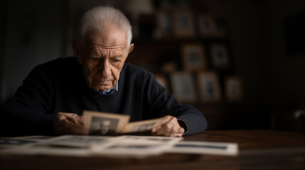 Elderly man looking at old photos in a dimly lit room, dealing with memories and nostalgia.