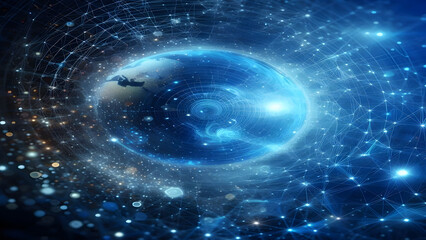 Obraz premium Blue abstract background with network grid and particles