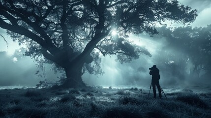 Obraz premium A lone photographer captures the ethereal beauty of a misty forest and a towering tree bathed in sunlight.