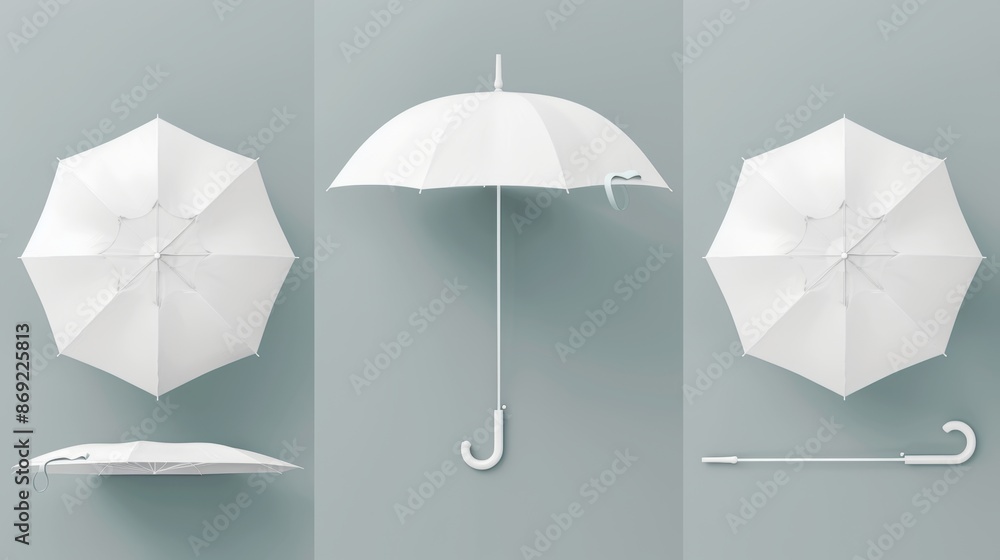 Poster modern white 3d isolated blank umbrella mockup. realistic parasol with handle mock up for branding a