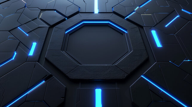 Abstract technical background with black surface, octagonal shape and neon blue illuminated edge. 