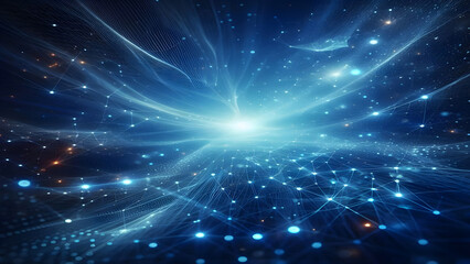 Blue abstract background with network grid and particles