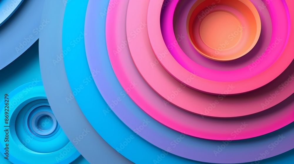 Poster 3d geometric radial cutout cardboard backdrop with subtle circles of paper with bright gradient colo