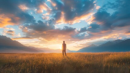 Fototapeta premium A solitary figure stands in a field, silhouetted against a breathtaking sunset and majestic mountains. The sky is filled with vibrant colors, creating a sense of awe and wonder.