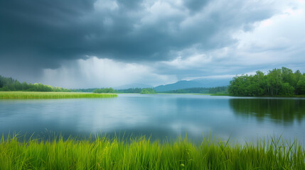 Obraz premium Storm clouds gather over a calm lake, creating a striking visual metaphor for approaching anxiety and tension in an otherwise peaceful setting.