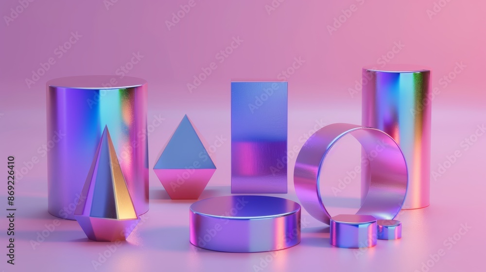 Poster metallized abstract shape with holographic figures. isometric gradient geometric blocks isolated. dy