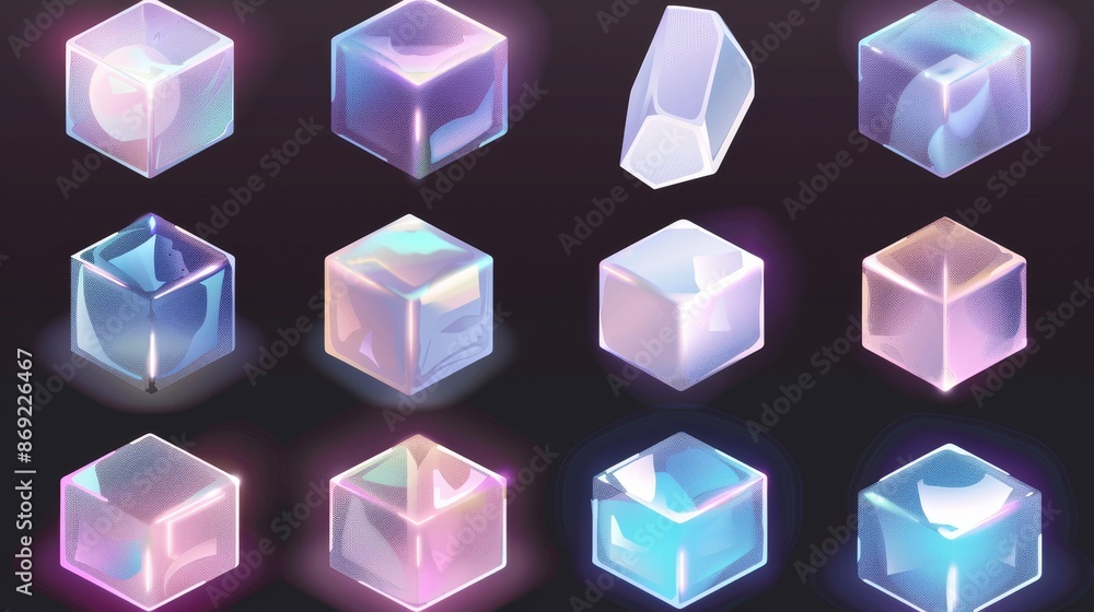 Poster holographic cube render element. abstract box shape. hologram geometric figure isometric set. irides