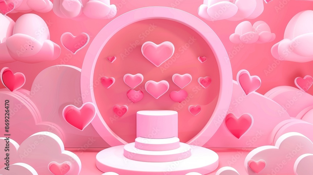 Poster valentine's day podium with two steps and wave layers with heart shape. realistic 3d modern product 