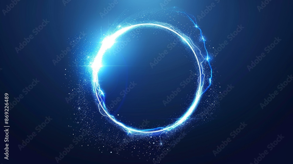 Poster magic light glow circle portal for game ui design. modern blue neon line round frame with sparkles. 