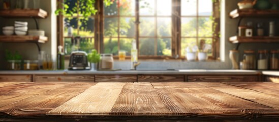 Blurred background of kitchen window and shelves with a wooden table on it