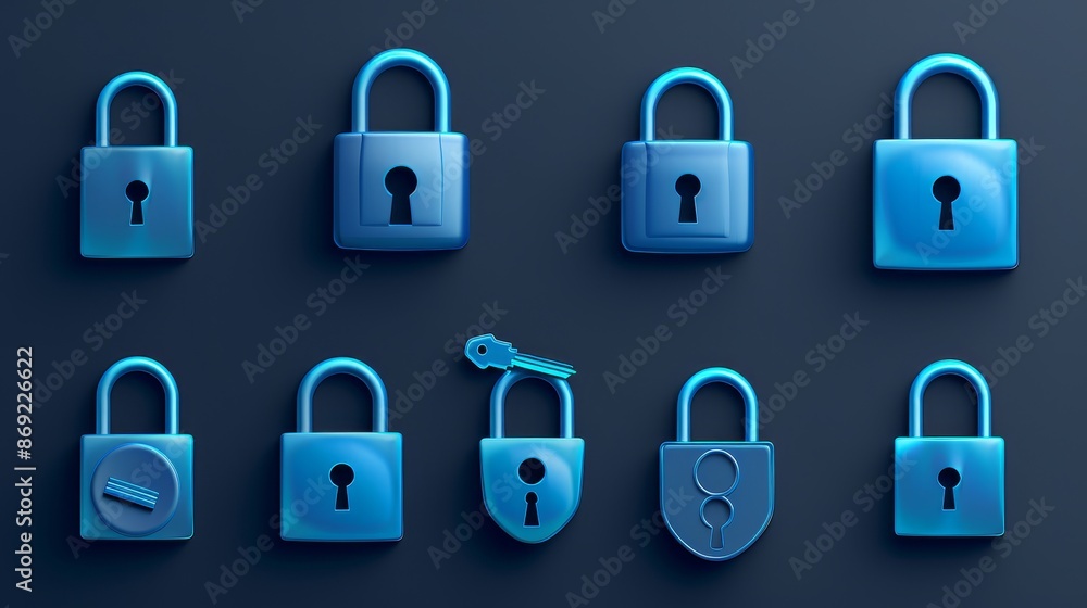 Poster a set of blue padlocks isolated on a transparent background displaying a key in the keyhole, a data 