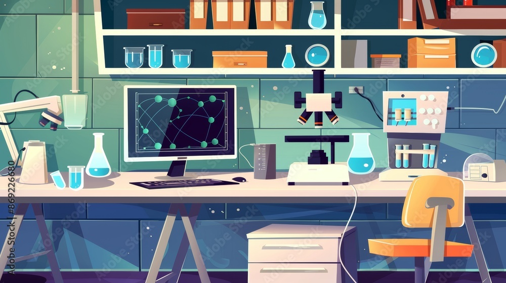 Poster an isolated science research lab room with computer screen, table, microscope tool, and chechemist b