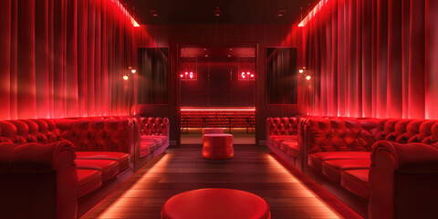 Elegant red lounge bar interior with sofas and curtains
