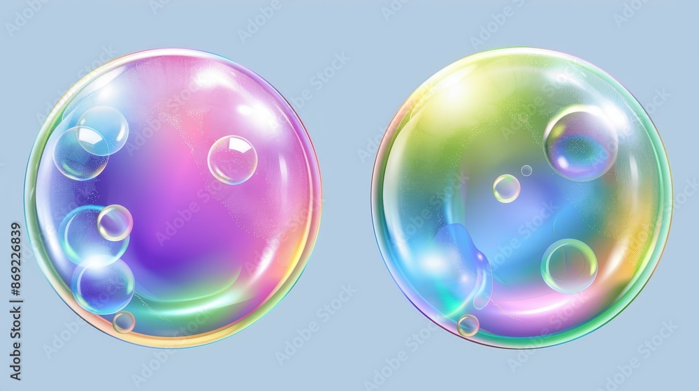 Poster a sparkling soap bubble of round irregular shape. transparent liquid soapy detergent or glass ball i