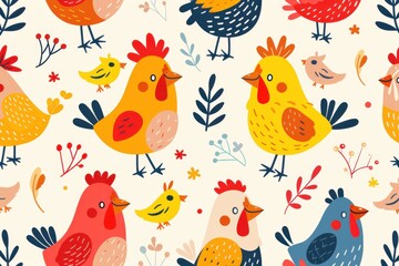 Obraz premium A colorful drawing of many birds with different colors and sizes